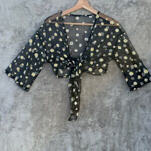 Sheer Daisy Mesh Tie Front Crop Top shrug Black Floral Y2K Festival Boho Sz S